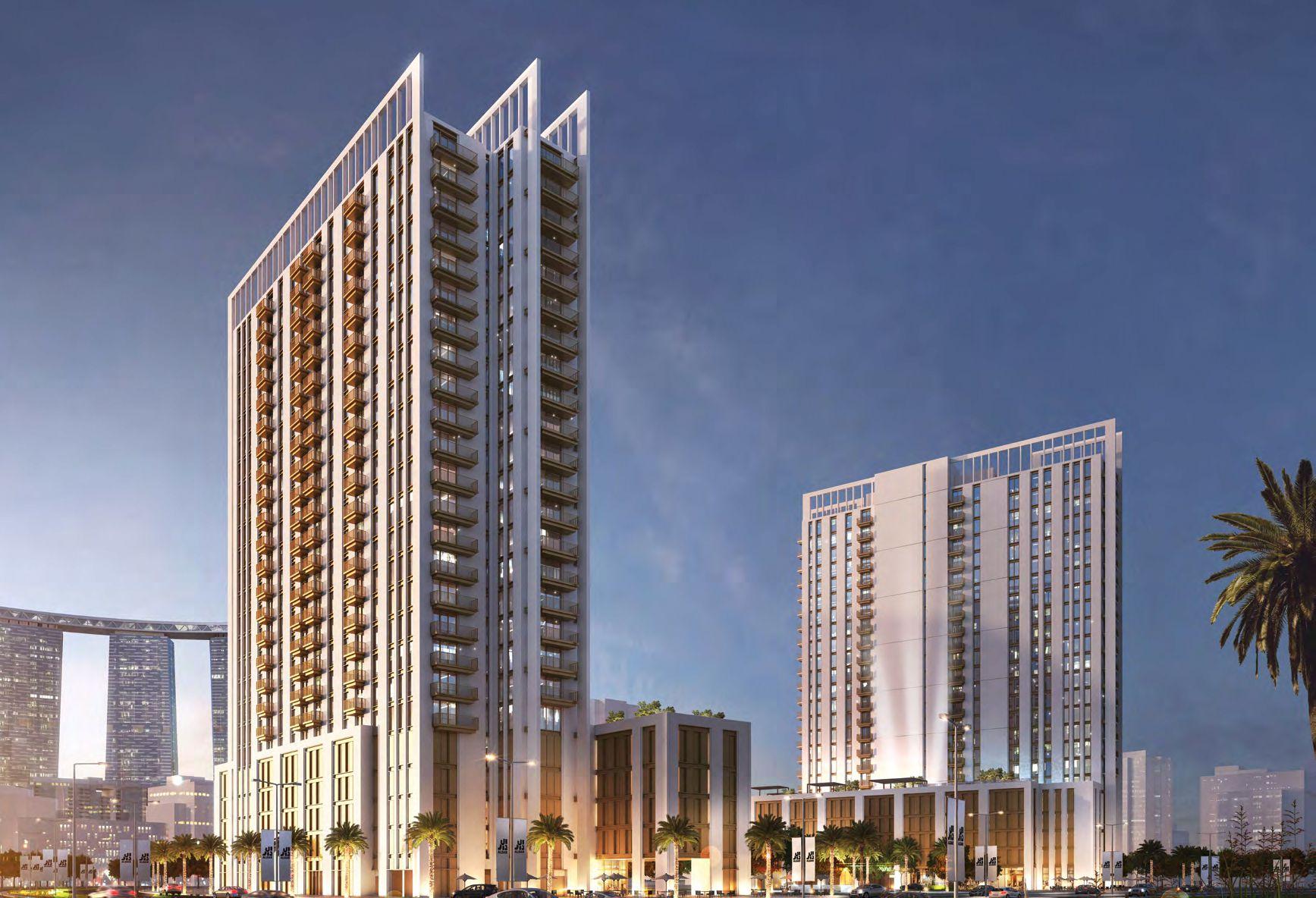 Reflection Tower building façade with balconies overlooking urban park and Reem skyline, Abu Dhabi.