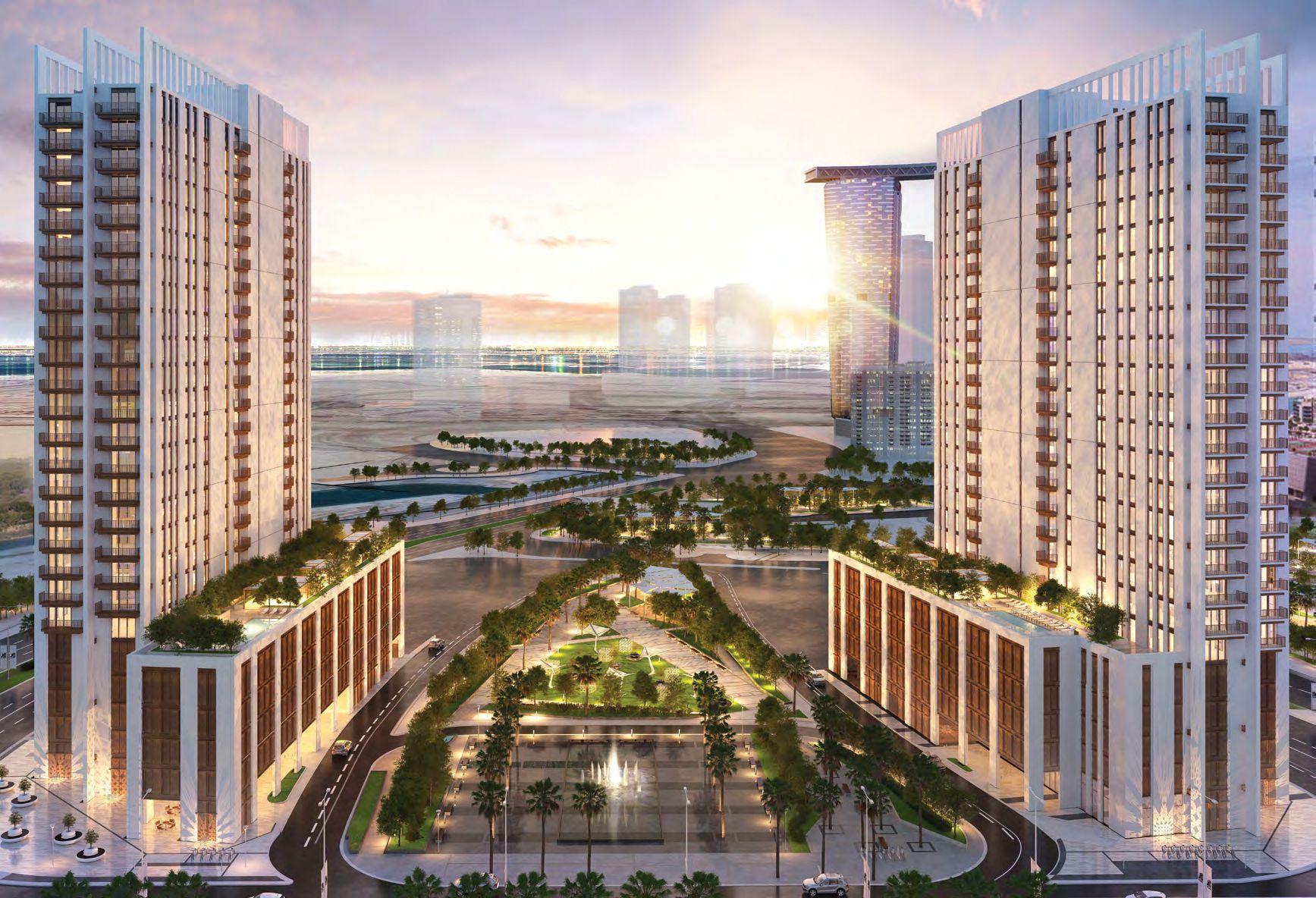 Twin towers of Reflection Tower on Reem Island, Abu Dhabi with elegant mirrored façade and skyline views.